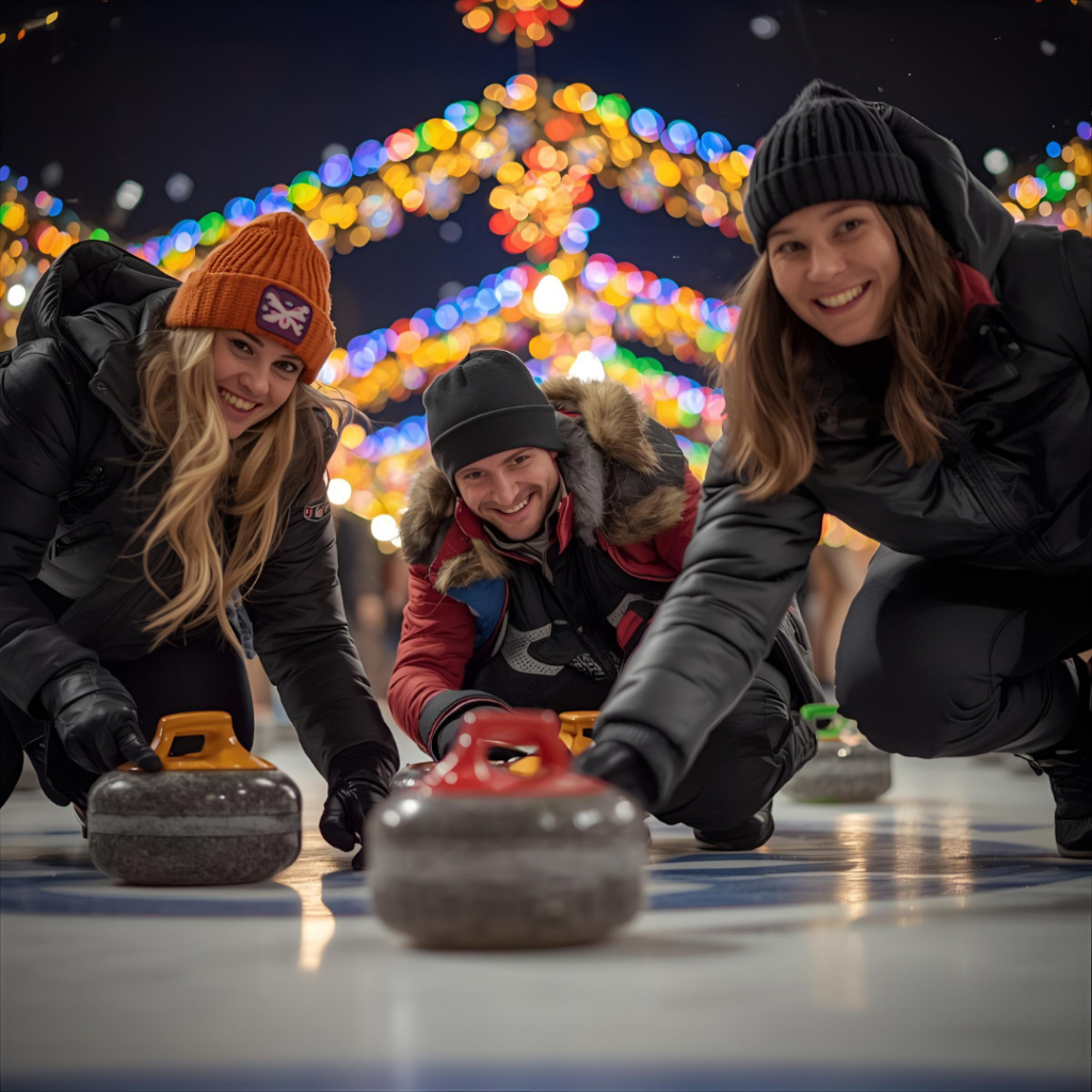 Drei Personen spielen Curling auf einer Eisbahn, umgeben von festlicher Weihnachtsbeleuchtung.