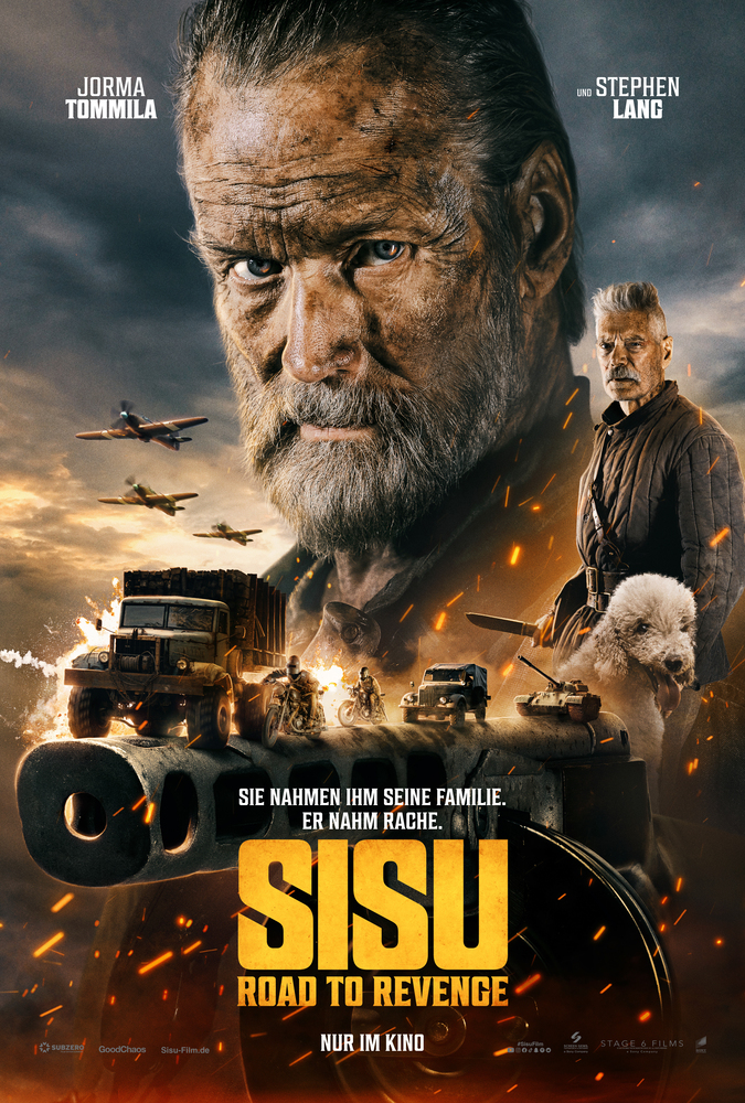 Film poster for 'Sisu: Road to Revenge' featuring a rugged man with a stern expression, smoke and explosions in the background, military vehicles, and a tagline about vengeance.