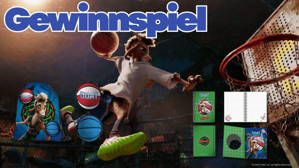 Ein animierter Charakter mit Basketball in einer Sportumgebung, umgeben von Basketballs und Merchandising-Artikeln wie Notizbüchern und anderen Zubehörteilen, begleitet von dem Wort 'Gewinnspiel' in großer Schrift.