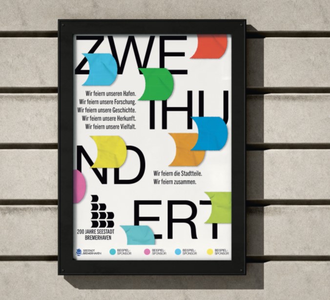 Plakat zum 200-jährigen Jubiläum der Seestadt Bremerhaven mit bunten Post-it-Notizen und aufgelisteten Feierlichkeiten.