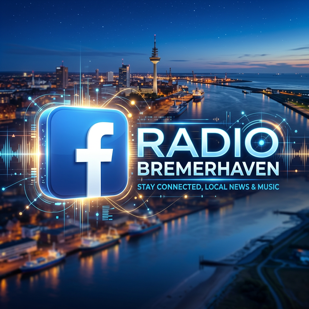 Facebook logo with text Radio Bremerhaven Stay Connected Local News and Music over cityscape background