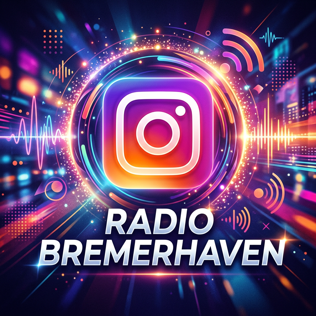 Instagram logo with colorful sound waves and text Radio Bremerhaven